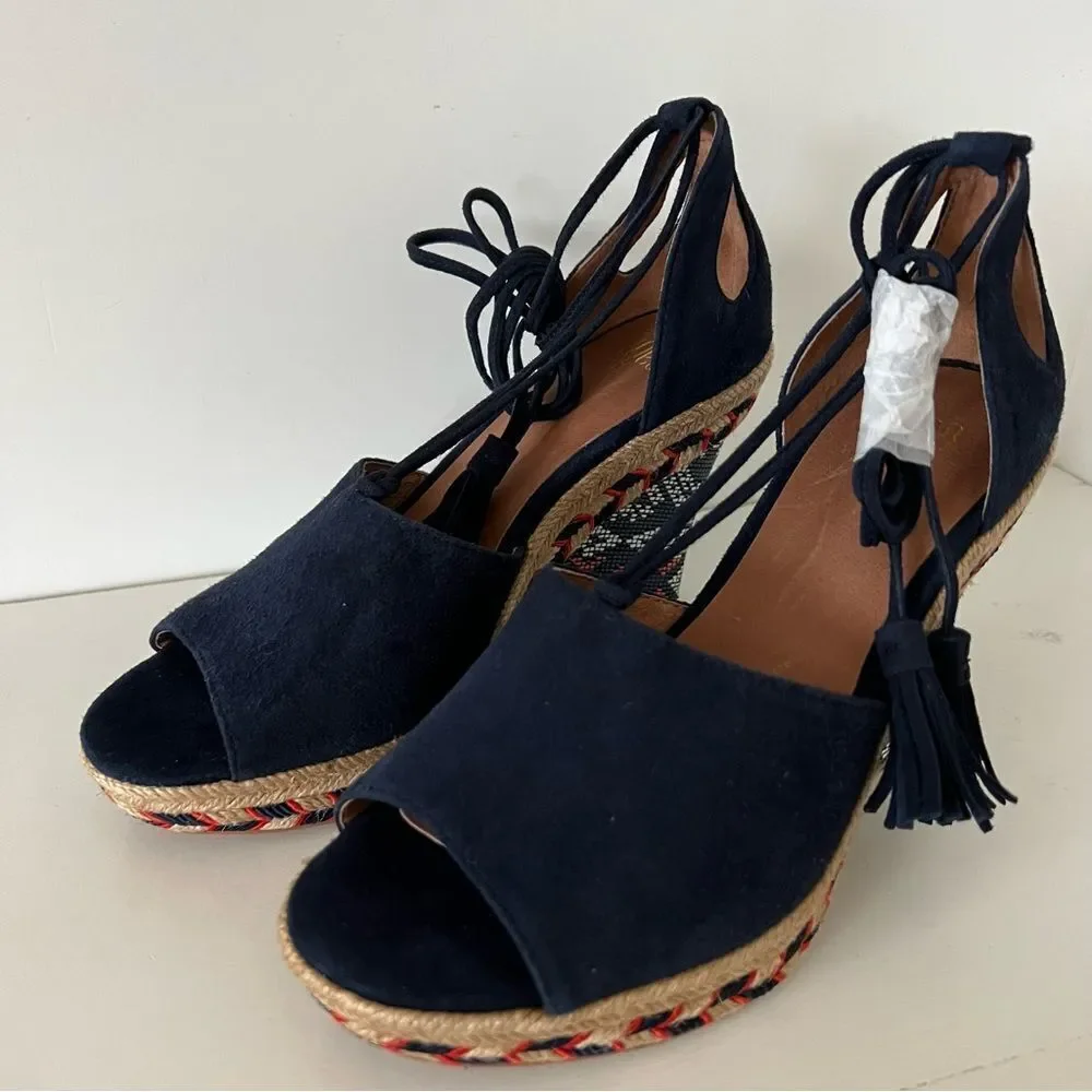 Cabi Isla NWOT wedge blue suede ankle tie up strap espadrilles sandals size 6